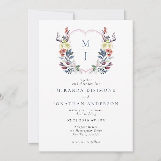 Boho Waterverf Floral Crest Blauw Monogram Bruilof Kaart (Voorkant)