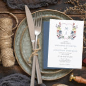 Boho Waterverf Floral Crest Blauw Monogram Bruilof Kaart