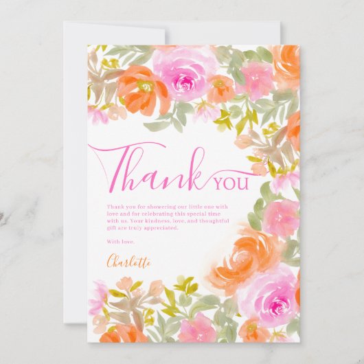 Boho Waterverf Floral Dank u Baby shower Bedankkaart (Voorkant)