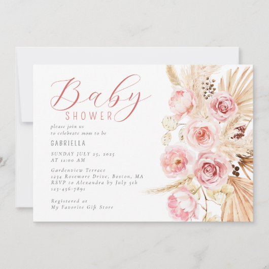 Boho Waterverf Floral Pampas Baby shower Kaart (Voorkant)