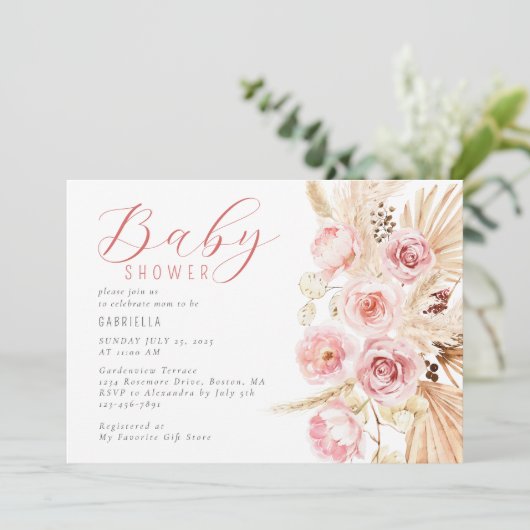 Boho Waterverf Floral Pampas Baby shower Kaart (Staand voorkant)