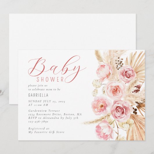Boho Waterverf Floral Pampas Baby shower Kaart (Voorkant / Achterkant)