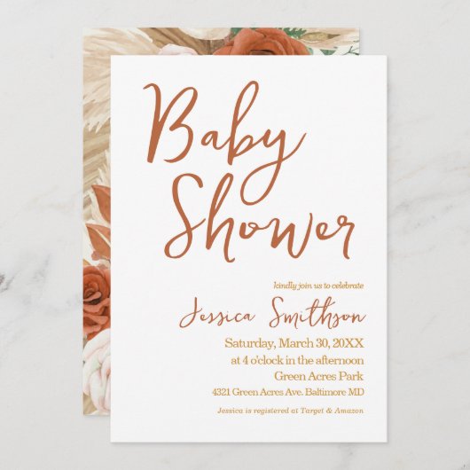 Boho Waterverf Floral Pampas Grass Baby shower Kaart (Voorkant / Achterkant)