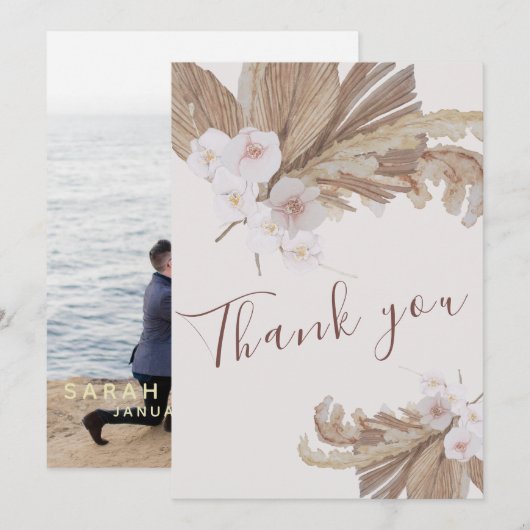 Boho Waterverf Floral Pampas Grass Foto Bedankkaart (Voorkant / Achterkant)