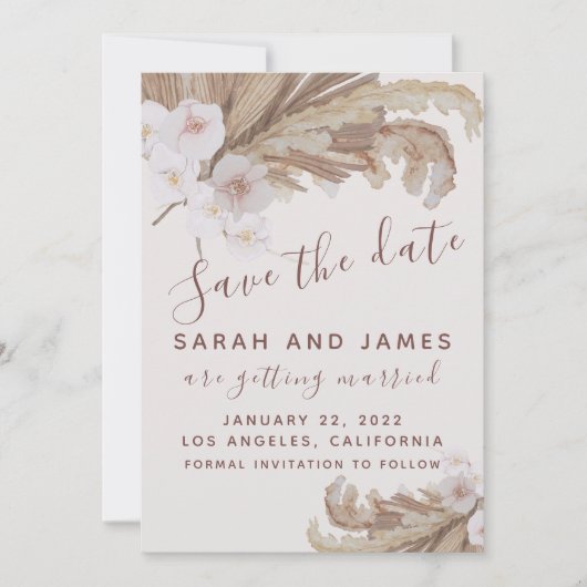 Boho Waterverf Floral Pampas Grass Foto Save The Date (Voorkant)