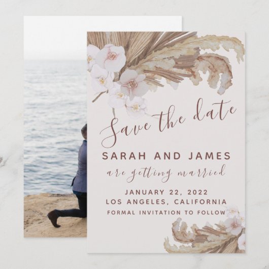 Boho Waterverf Floral Pampas Grass Foto Save The Date (Voorkant / Achterkant)