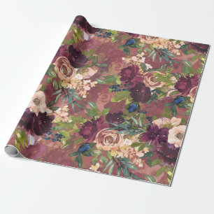 Boho Waterverf Floral Pattern - Bourgogne Roos Cadeaupapier