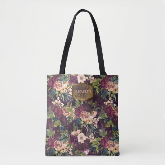 Boho Waterverf Floral Pattern - Burgundy Monogram Tote Bag (Voorkant)