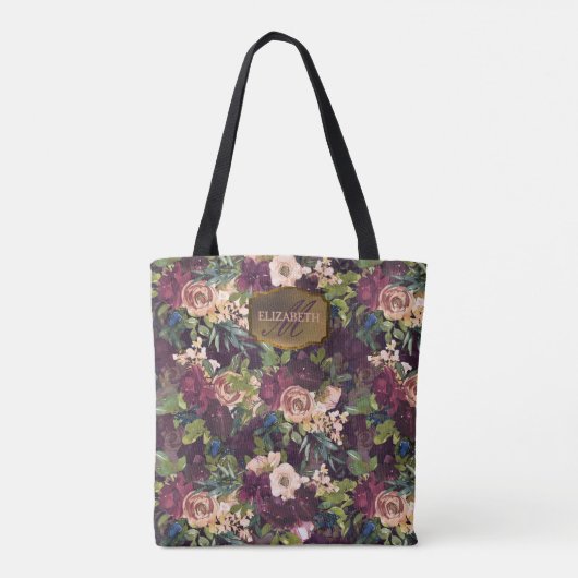 Boho Waterverf Floral Pattern - Burgundy Monogram Tote Bag (Achterkant)
