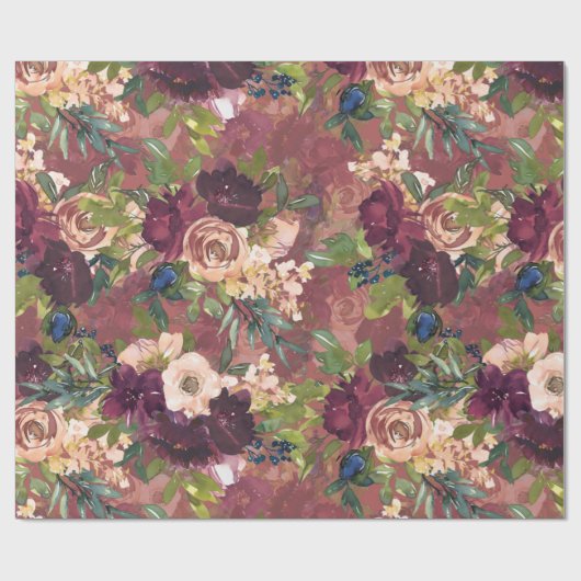 Boho Waterverf Floral Pattern - Burgundy | ROOS Cadeaupapier (Vlak)