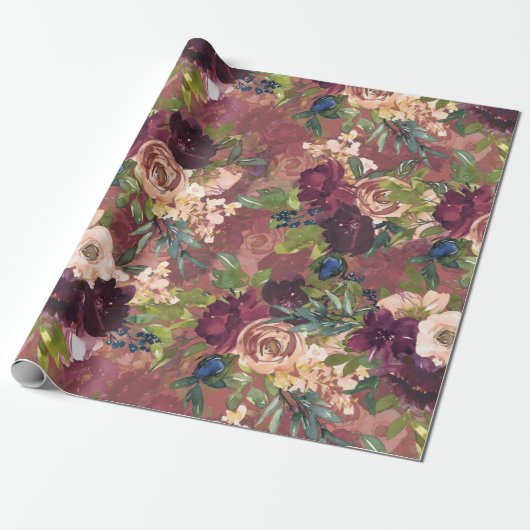 Boho Waterverf Floral Pattern - Burgundy | ROOS Cadeaupapier (Uitgerold)