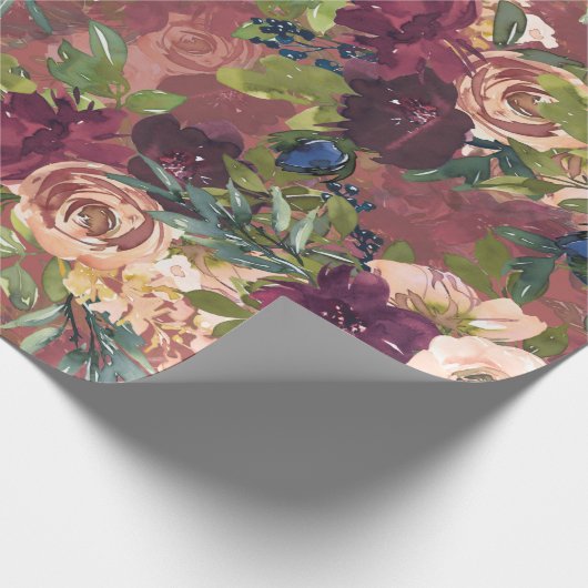 Boho Waterverf Floral Pattern - Burgundy | ROOS Cadeaupapier (Hoek)
