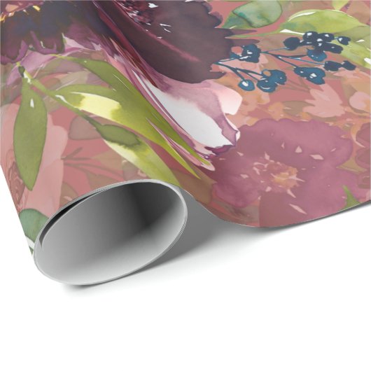 Boho Waterverf Floral Pattern - Burgundy | ROOS Cadeaupapier (Rol Hoek)