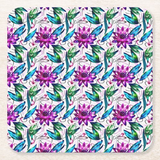 Boho Waterverf Floral Pattern Kartonnen Onderzetters (Voorkant)