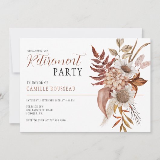 Boho Waterverf Floral Retirement Party Invitation Kaart (Voorkant)