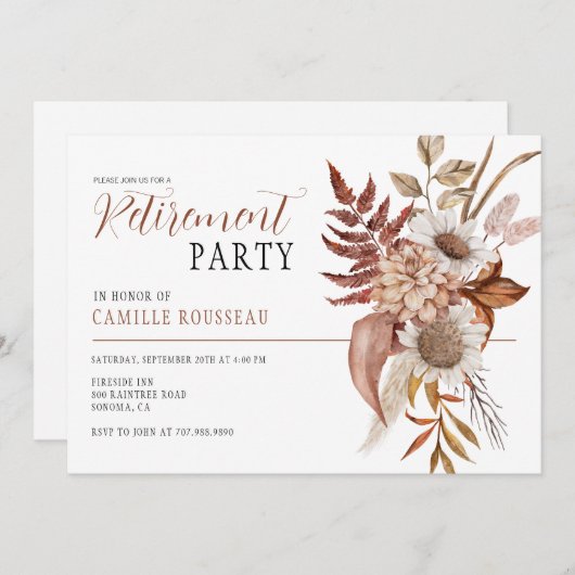 Boho Waterverf Floral Retirement Party Invitation Kaart (Voorkant / Achterkant)