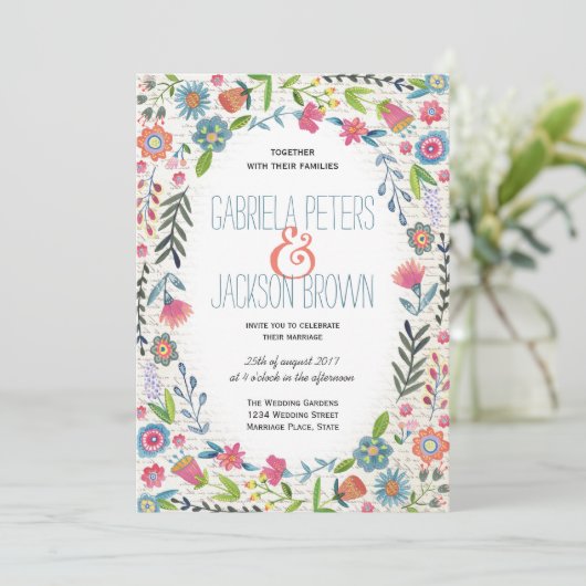 Boho Waterverf Floral | Uitnodigingen voor weddens (Staand voorkant)
