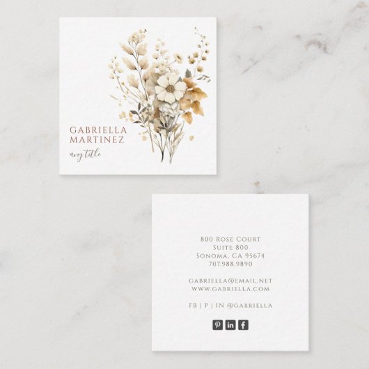 Boho Waterverf Floral Vierkante Visitekaartje (Voorkant / Achterkant)