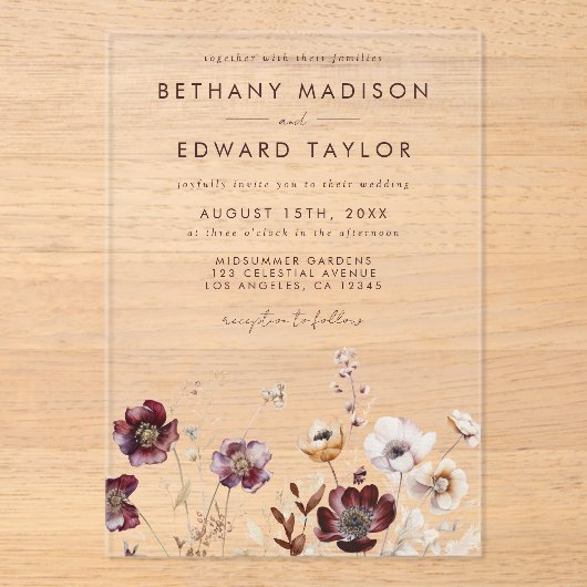 Boho Waterverf Floral Wedding Acryl Uitnodigingen (Voorkant)