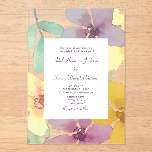 Boho Waterverf Floral Wedding Acryl Uitnodigingen (Voorkant)
