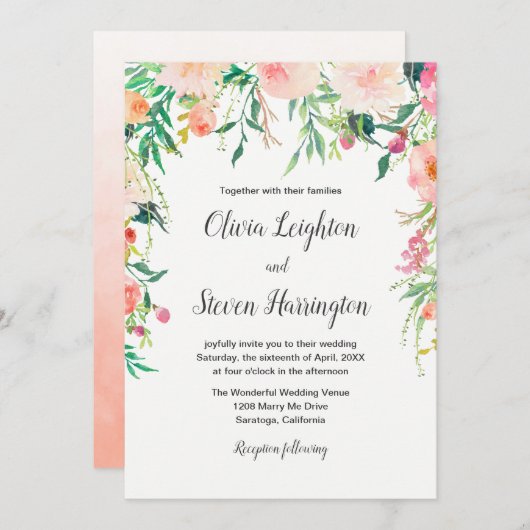 Boho Waterverf Floral Wedding Invitation Kaart (Voorkant / Achterkant)