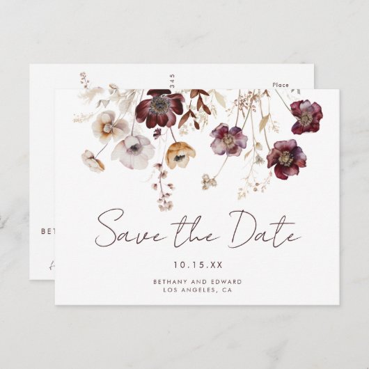 Boho Waterverf Floral Wedding Save the Date Briefkaart (Voorkant / Achterkant)