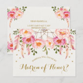 Boho Waterverf Flowers Be My Matron of Honor Kaart (Voorkant / Achterkant)