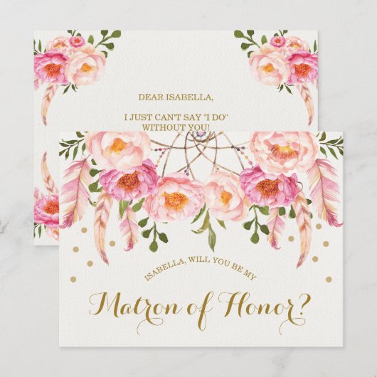 Boho Waterverf Flowers Be My Matron of Honor Kaart (Voorkant / Achterkant)