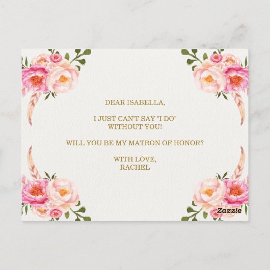 Boho Waterverf Flowers Be My Matron of Honor Kaart (Achterkant)