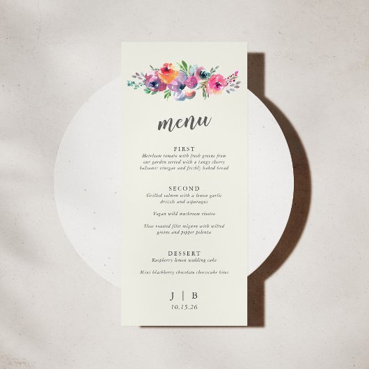Boho Waterverf Flowers Elegant Wedding Custom Menu