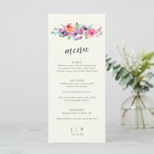 Boho Waterverf Flowers Elegant Wedding Custom Menu (Staand voorkant)