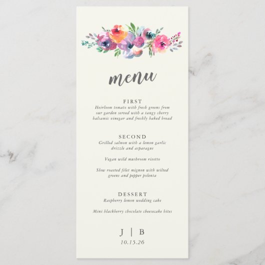 Boho Waterverf Flowers Elegant Wedding Custom Menu (Voorkant)