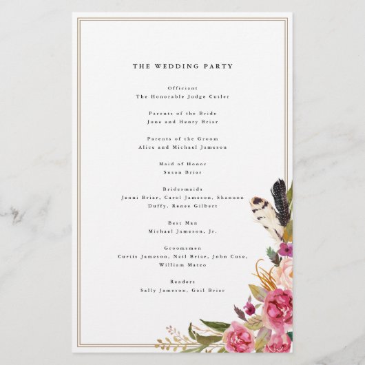Boho Waterverf Flowers + Feathers, papierprogramma Flyer (Achterkant)