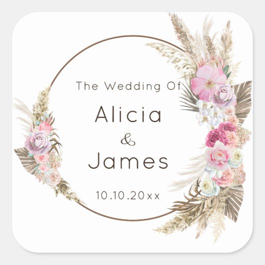 Boho Waterverf Flowers & Feathers Vierkante Sticker (Voorkant)