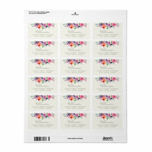 Boho Waterverf Flowers Modern Elegant Adres Etiket (Full Sheet)