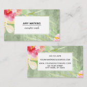 Boho Waterverf Flowers over Rustic Green Wood Visitekaartje (Voorkant / Achterkant)