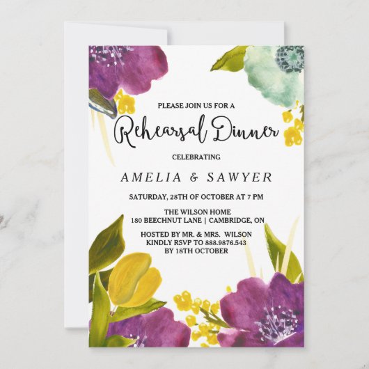Boho Waterverf Flowers Rehearsal Dinner Invite Kaart (Voorkant)