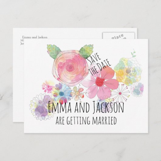 Boho Waterverf Flowers Save the Date Briefkaart (Voorkant / Achterkant)