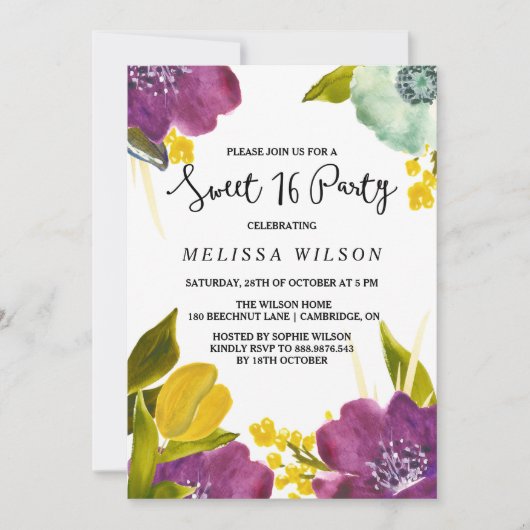Boho Waterverf Flowers Sweet Sixteen Invitation Kaart (Voorkant)
