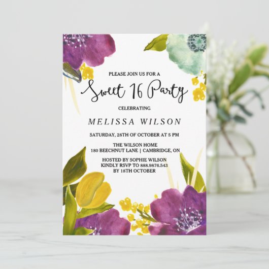 Boho Waterverf Flowers Sweet Sixteen Invitation Kaart (Staand voorkant)