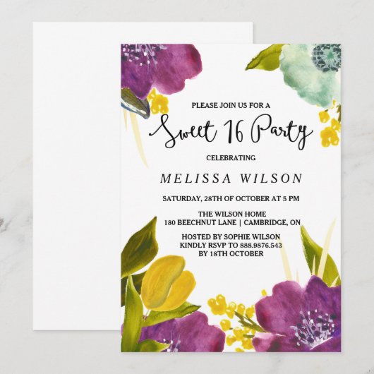 Boho Waterverf Flowers Sweet Sixteen Invitation Kaart (Voorkant / Achterkant)