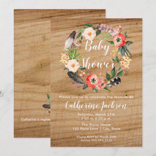 Boho Waterverf Flowers | Uitnodiging tot Baby show (Voorkant / Achterkant)