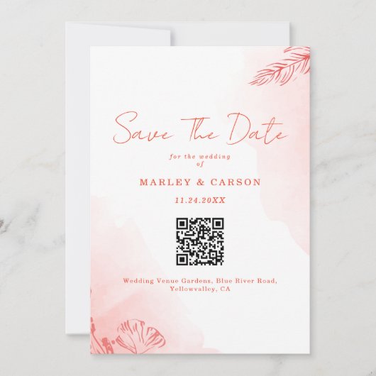 Boho Waterverf gebladerte Terracotta QR Code Huwel Save The Date (Voorkant)