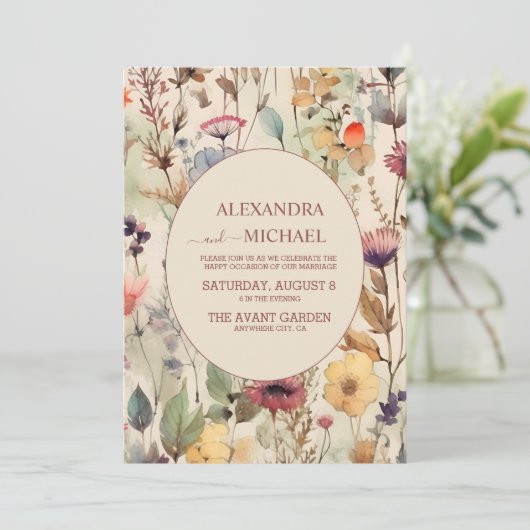 Boho Waterverf Gedempte Tinten Wilde Bloemen Bruil Kaart (Staand voorkant)