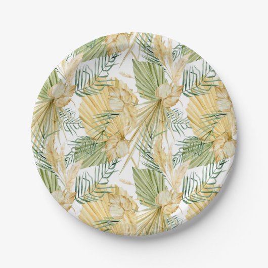Boho Waterverf Gedroogde palmbladeren Patroon Trop Papieren Bordje (Voorkant)