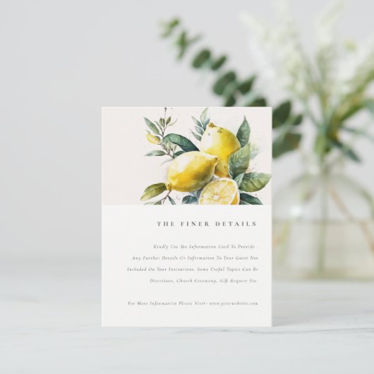 Boho Waterverf geel citroen tuin bruiloft detail Informatiekaartje (Staand voorkant)