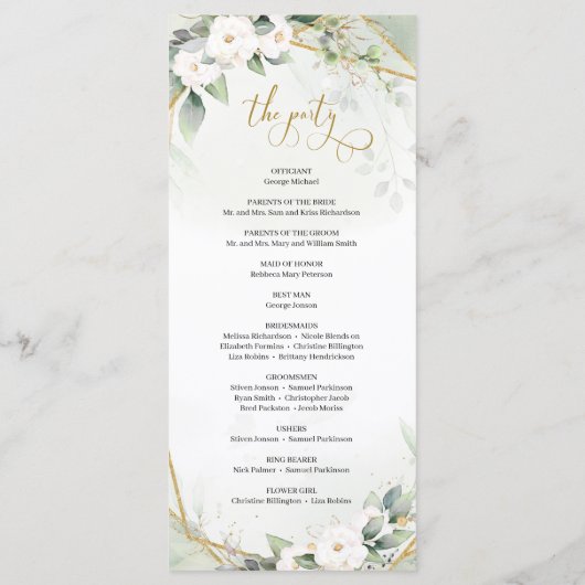 Boho waterverf gouden lijst groen en witte roos programmakaart (Achterkant)