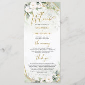 Boho waterverf gouden lijst groen en witte roos programmakaart (Voorkant)