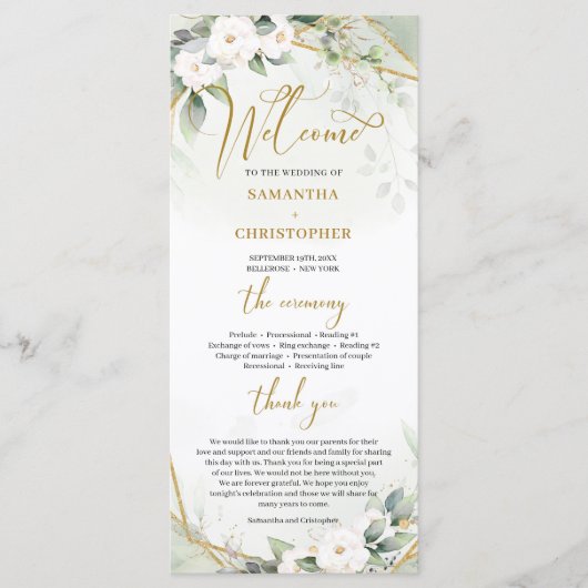 Boho waterverf gouden lijst groen en witte roos programmakaart (Voorkant)