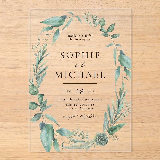 Boho Waterverf Greenery en Succulents Wedding Acryl Uitnodigingen (Voorkant)